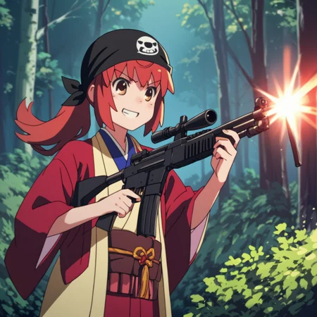 score_9, score_8_up, score_7_up, <lora:Buratei_Marii_v1:0.8> buratei_marii, red haori, yellow kimono, ponytail, machine gun, bandolier, forest, night, shoot, muzzle flash, smirk, bandana,