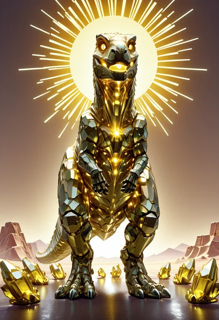 masterpiece, best quality, no humans,   ,<lora:CrystalKingDino_IXL:1.0>,  zzCrystalKing, golden crystal structure, radiant highlights, sunburst eyes, cracked desert floor, early morning sun, striding pose, wide shot, radiant lighting, majestic atmosphere â In a vast sunlit wasteland, the zzCrystalKing strides across cracked earth, its golden crystal frame glowing with the brilliance of dawn. Each facet reflects the rising sun in dazzling rays, and dust plumes rise in its wake. Its eyes gleam like captured suns, regal and fierce. From a distance, it appears like a walking cathedralâworshiped by time, feared by all. The golden light softens the desolation around it, turning ruin into reverence.