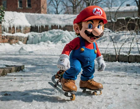 <lora:SMB Artstyle - V1 - Trigger is SMB Artstyle:1>, , smb discovers a pair of skates that freeze any surface they skate on, creating icy paths BREAK Deathrock, Tilt-Shift Focus. Brunchtime