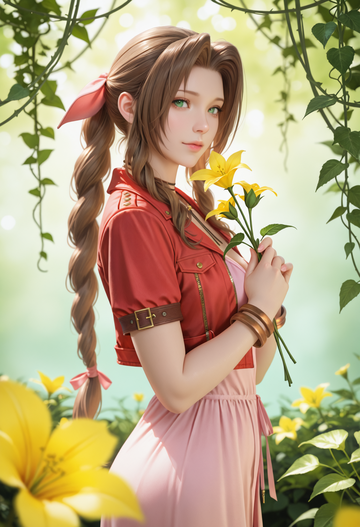 masterpiece, best quality, realistic,
1girl, solo, depth of field, 
aerith_gainsborough, final_fantasy, 1girl, brown_hair, green_eyes, holding flowers
garden, flowers, looking at viewer,   soft lighting, vines, flowers in background,  
foreground, pink dress,