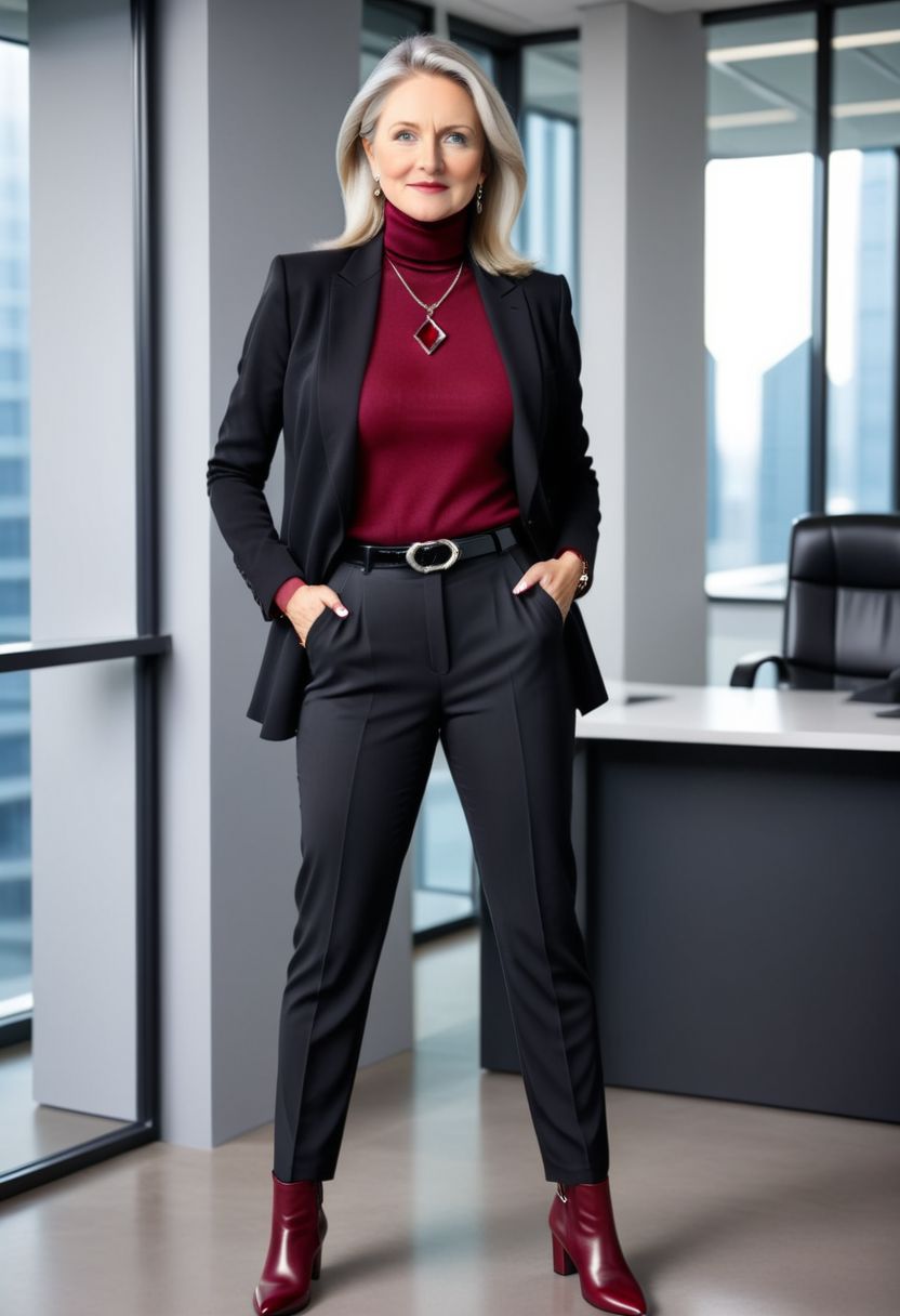 Ellie, alone, 50-year-old woman, slightly-side-parting voluminous tucked-behind-shoulders straight long haircut, fair-skinned, grey-blonde hair, blue eyes, wearing red turtleneck top under black blazer, black smart pants, garnet rhombus pendant necklace, garnet rhombus drop earrings, red leather high-heeled ankle boots, large breasts, slim body, smiling facial expression, standing slightly-side-on, both hands grabbing belt buckle, legs apart, facing camera, in futuristic office, full body photo, hyperdetailed photography