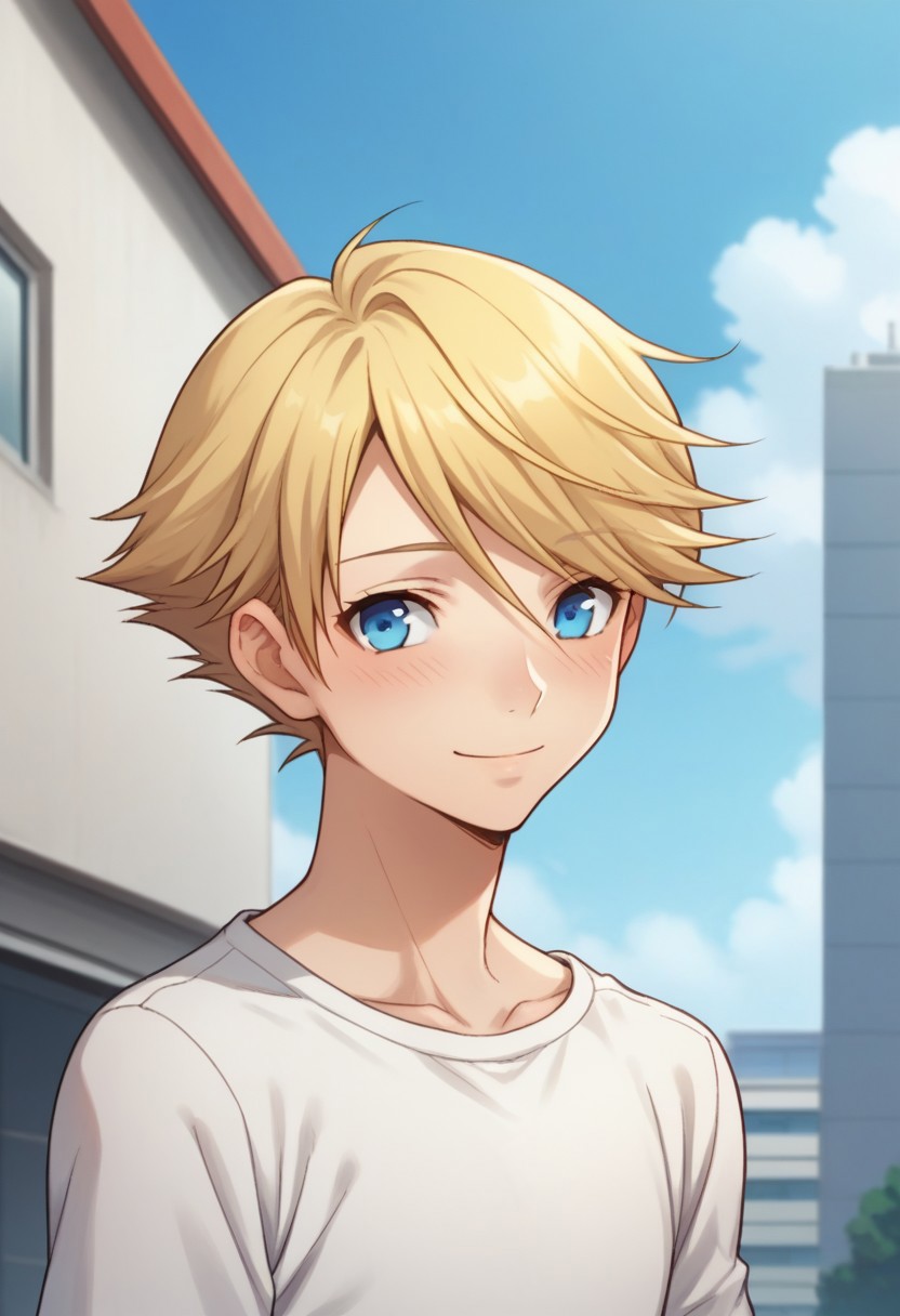 score_9, score_8_up, score_7_up, source_anime, highly detailed, 
teddie, solo, blonde hair, male focus, 1boy,  blue eyes, t-shirt, upper body, blush, light smile, looking at side,
outdoor, sky, building, day, clouds,