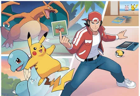 masterpiece, best quality, <lora:age_slider_v4:4>,detailed_background,indoors,venusaur,hat,handheld game console,pocket pikachu,poke ball,game freak,shoes,nintendo,holding card,footwear request,blue eyes,voltorb,lips,squirtle,bag,card,1boy,backwards hat,lure ball,belt,long sleeves,pokemon tcg,shirt,premier ball,trading card,pokemon,black belt,sneakers,red hat,game boy pocket,red \(pokemon\),cellphone,male focus,adidas,charizard,black hair,denim,jacket,gen 1 pokemon,highres,standing,clefairy,unworn shoes,red jacket,pokemon \(creature\),blue pants,poke ball \(basic\),holding,open jacket,tree,palm tree,looking at viewer,phone,creature request,pants,creatures \(company\),white shirt,absurdres,pikachu,white footwear,open clothes,jeans,lonelyboxart,game boy