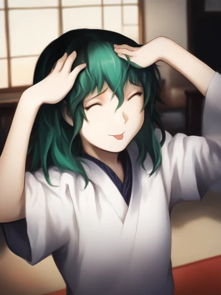 score_9, score_8_up, score_7_up, uncensored, BREAK, 1girl, <lora:yoshitoshi_ABe_Style_PDXLv0:1> abe yoshitoshi style, adult, green hair <lora:AhEtoBlehMeme_pdxl_Incrs_v1:1> AhEtoBlehMeme, closed eyes, tongue out, :p, hands on own head, smile