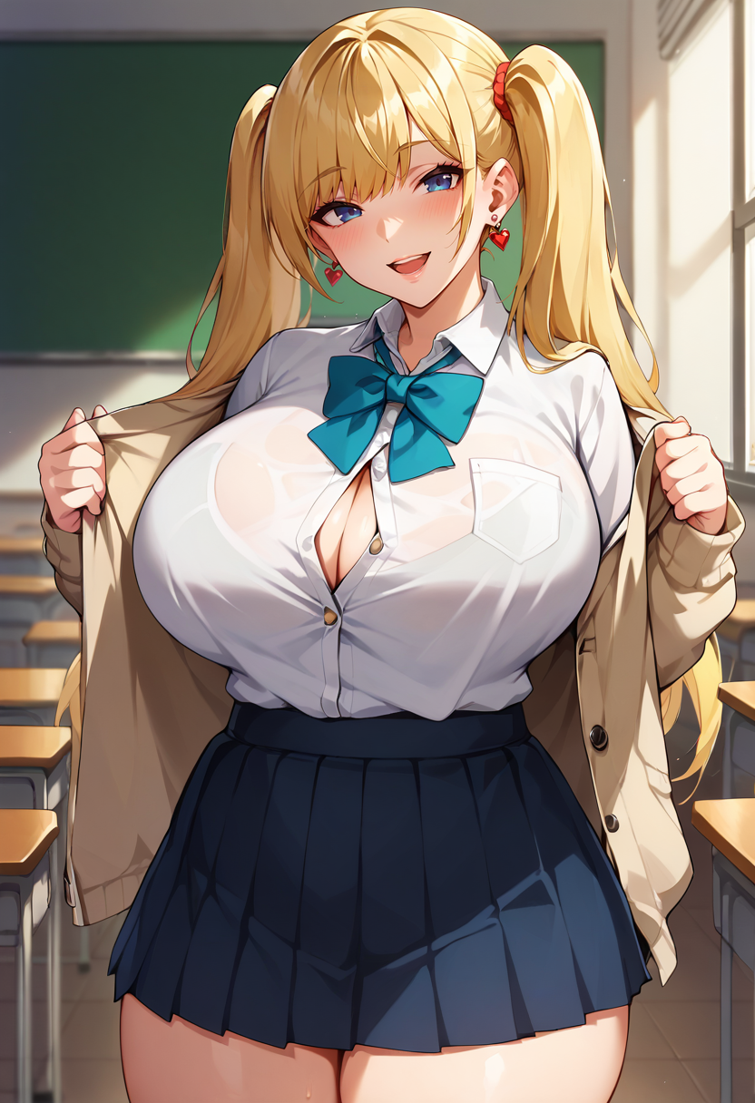 score_9, score_7_up,1girl, bangs, blonde hair, blush, breasts, earrings, huge breasts, long hair, looking at viewer, multicolored hair, open mouth, parted lips, school uniform, smile, standing, thick thighs, twintails  <lora:hwansang-Style-PonyXL-Dora-000035:1>