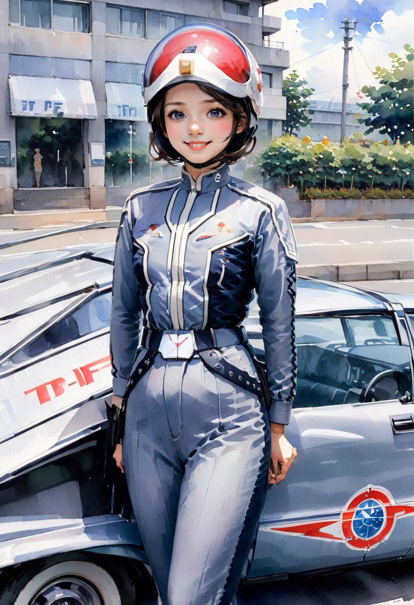 A watercolor painting of a girl,<lora:pointer_sdxl:1>,<lora:aesthetic_anime_v1s:1>,
1woman,solo,TDF-UG,anne,Standing by the car,luniform,smile,helmet,