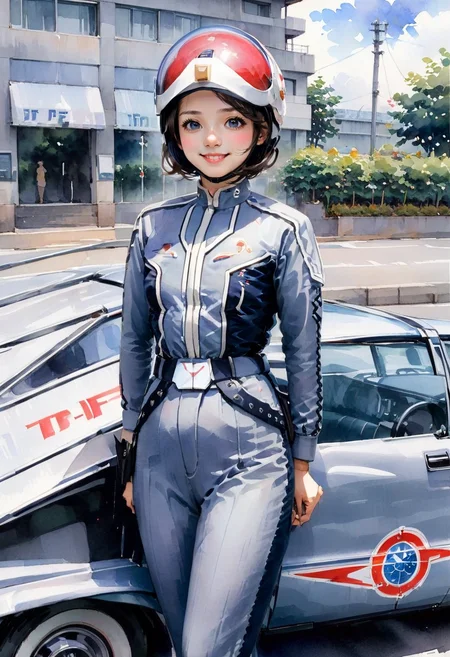 A watercolor painting of a girl,<lora:pointer_sdxl:1>,<lora:aesthetic_anime_v1s:1>,
1woman,solo,TDF-UG,anne,Standing by the car,luniform,smile,helmet,