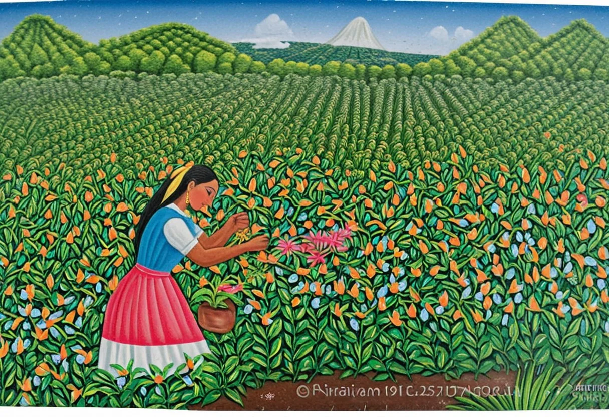 A young woman picking flowers, (Nicaragua Primitivism), high detail