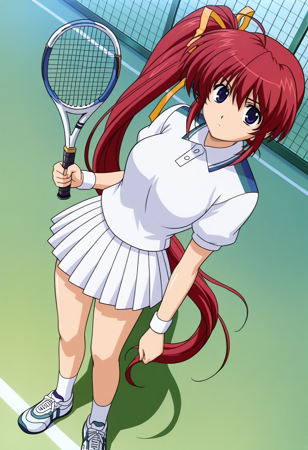 masterpiece, best quality, very aesthetic, absurdres, 1girl, solo,
<lora:takase_mizuki_v01:0.9>, takase_mizuki, mizuki_tennis2, red hair, very long hair, ahoge, side ponytail, blue eyes, breasts,
yellow hair ribbon, tennis uniform, polo shirt, short sleeves, wristband, white skirt, plated skirt, white socks, sneakers, tennis racket, dutch angle, posing, tennis court