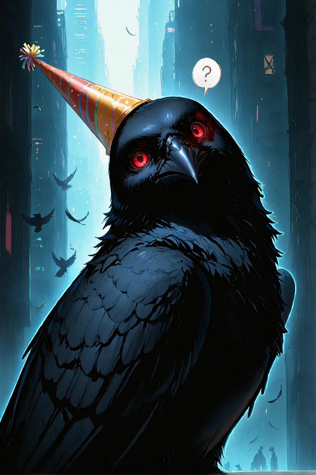 no humans, crow, animal focus, general,
party hat, head tilt,
looking at viewer, red eyes, glowing,
feathers, feathered wings,
from side, solo focus, spoken question mark,
black theme,
cyberpunk background, city, town,
best quality, very awa, highres, newest