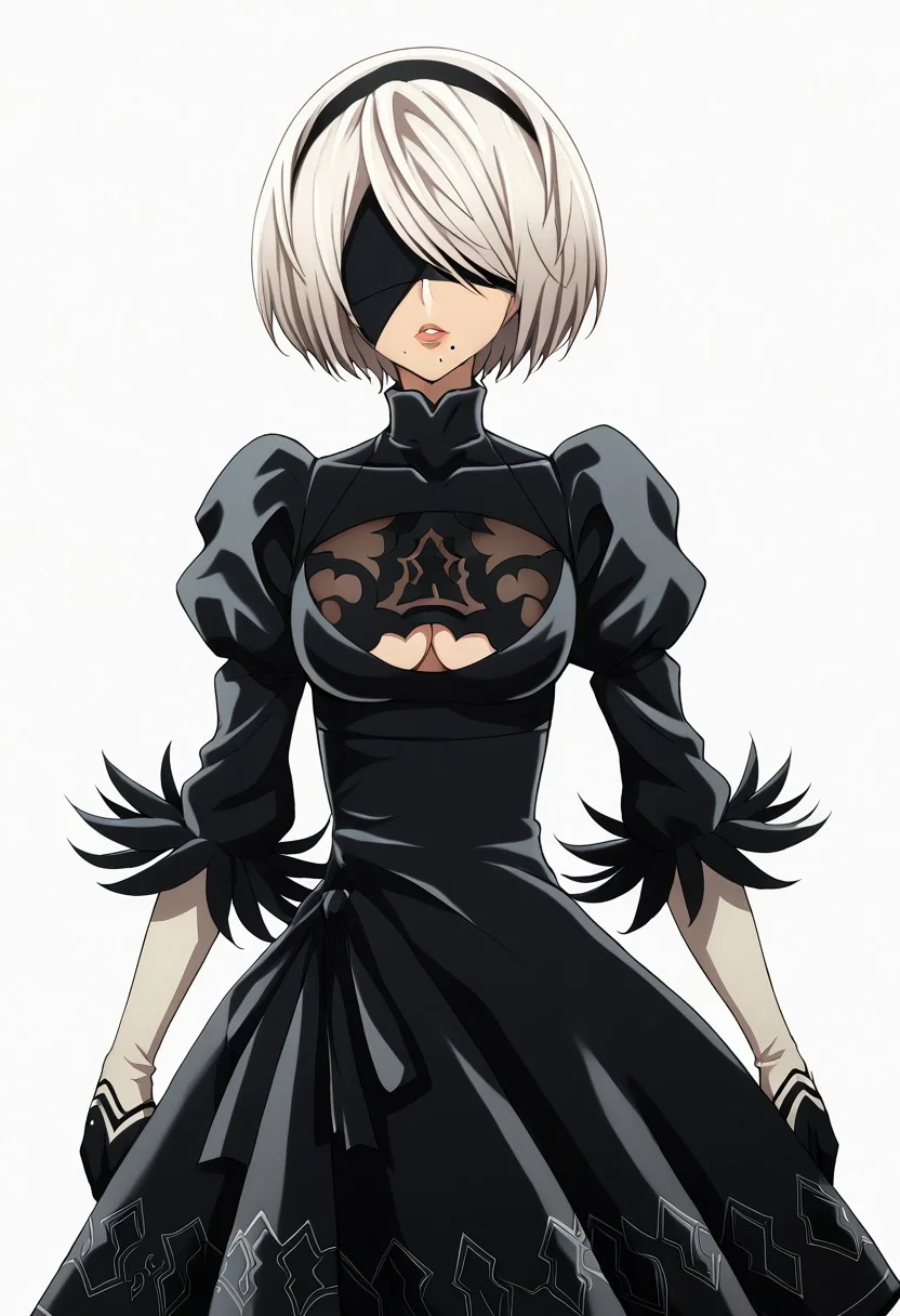 ((harukawa moe style)), ((white background)), ((black contour)), ((solo)), (1girl), posing, (emotionless), 2b, yorha no. 2 type b, short hair, white hair, hairband, mole, black hairband, mole under mouth, blindfold, covered eyes, black blindfold, gloves, long sleeves, dress, puffy sleeves, black dress, clothing cutout, cleavage cutout, juliet sleeves, feather-trimmed sleeves,