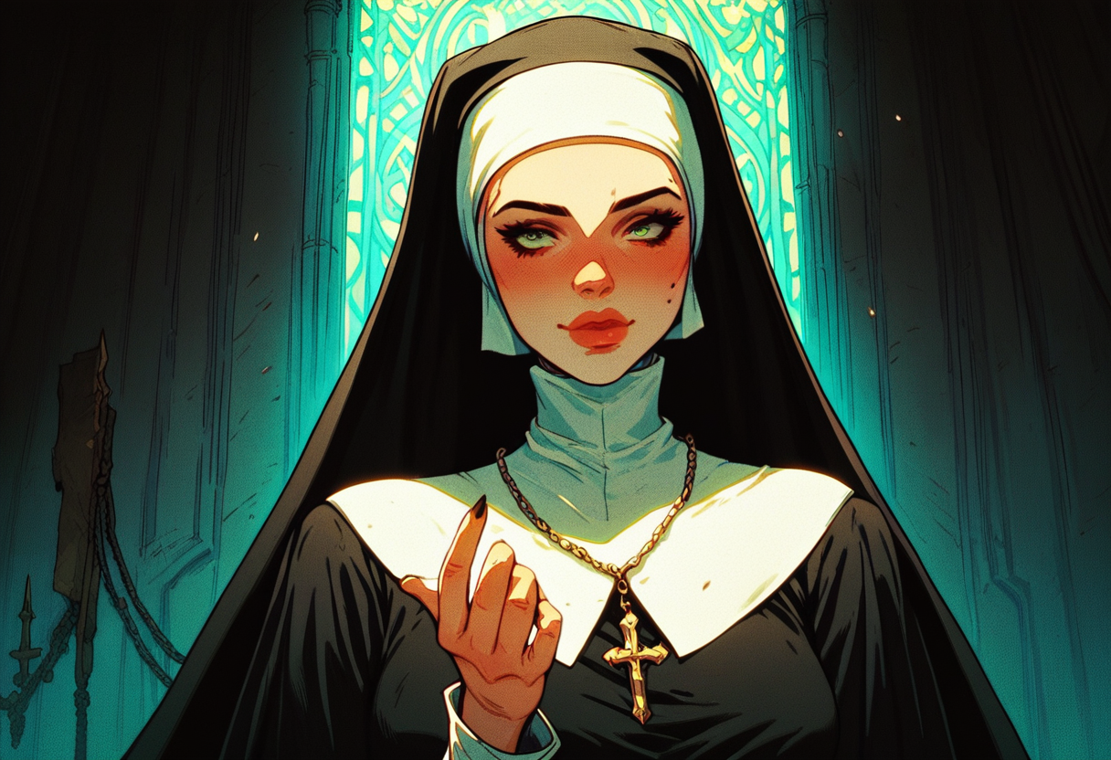 score_9, score_8_up, score_7_up, score_6_up, score_5_up, score_4_up, 1girl, looking at viewer,    <lora:BeckoningCome_here_V2:1> beckoning, cmhere, come here,, nun,  <lora:Kenva:1> knva
