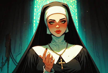 score_9, score_8_up, score_7_up, score_6_up, score_5_up, score_4_up, 1girl, looking at viewer, <lora:BeckoningCome_here_V2:1> beckoning, cmhere, come here,, nun, <lora:Kenva:1> knva