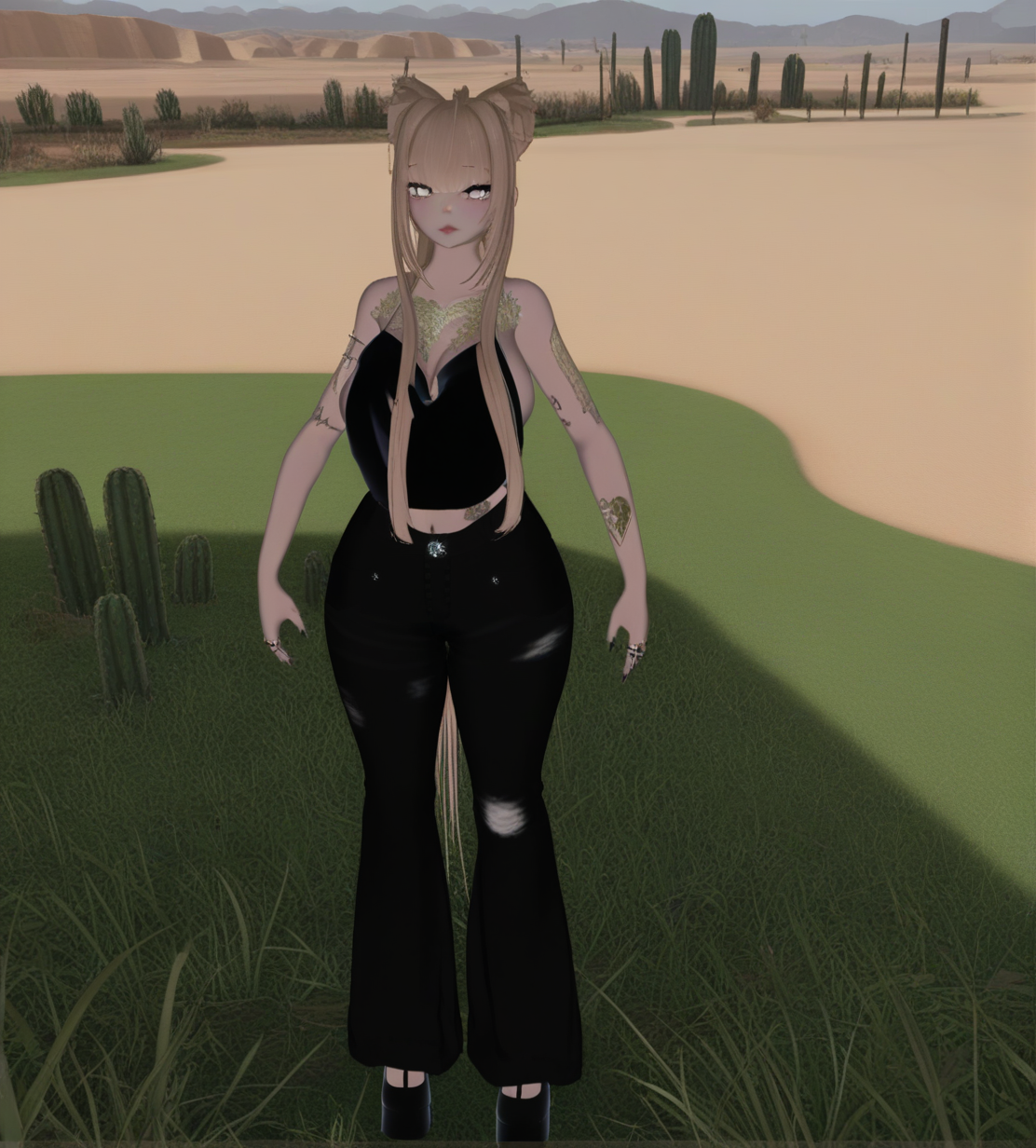 <lora:carmelun-000008:1>,1girl, carmel(ori),animal ears,blonde hair,bangs,long sidelocks,long ponytail,body tattoo,black nails,nail polish,grey eyes,
black high heels,black pants,black camisole,sideless shirt,backless outfit,bare shoulders,ring,
huge breasts, 
meadow, wildflowers, grass, rollinghills,looking at viewer, 
desert, dunes, cactus, heat,
very awa, masterpiece, best quality, highres, absurdes,amazing quality,very aesthetic,intricate details, <lora:hand 5.5:1>