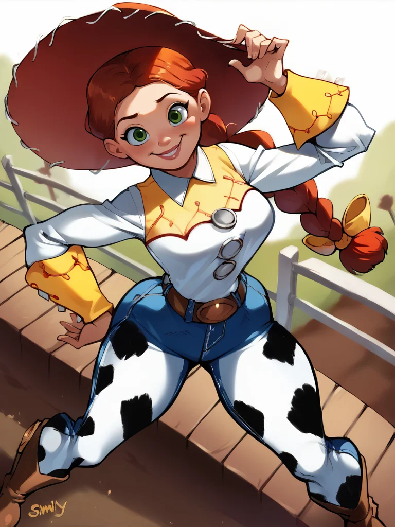 score_9, score_8_up, score_7_up, score_6_up, JessieXLP lay on bench, sexy pose, smile, nervous, hat, red hair, braid, bow, belt, animal print, cow print, pants, boots, medium breasts, narrow waist, wide hips, thick thighs, looking at viewer, cowboy shot, cartoon, dynamic pose, smile, cute, wide shot, solo, farm, disney, from above, dutch angle,
<lora:JessieXLP_character:1> <lora:bonten:0.8>