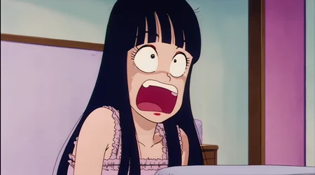source_anime, score_9, score_8_up, score_7_up, anime screencap, absurdres,
agent mai, 1980s \(style\), anime coloring, retro artstyle, 1girl, solo, black eyes, long hair, big forehead, open mouth, black hair, sitting, teeth, hime cut, looking up, bed, bed sheet, scared, (screaming), pink dress, wide-eyed, upper teeth, sleeveless dress, sleeveless, raised eyebrows, frills, looking at another, constricted pupils, collarbone, arms by side, frilled dress, eyelashes, <lora:ohmai_pony_v1:0.8>