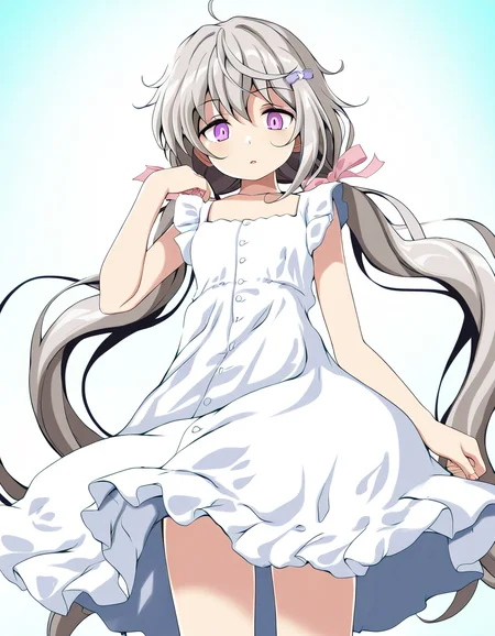 shiroka,1girl,solo,looking at viewer,white background,simple background,cowboy shot,standing,dress,<lora:shiroka-000012:1>,, masterpiece, best quality, very aesthetic, absurdres,newest, incredibly absurdres,, (tsukishiro saika:0.8)