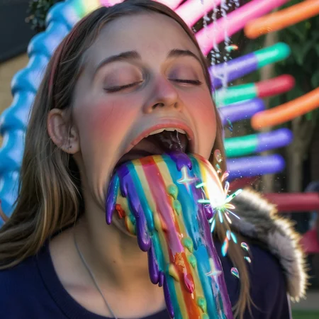 real photo of a ukj style girl, open mouth, giant long liquid cgi rainbow blast fountain, best quality, 8k, soft lighting, realistic fur texture, dynamic shadows <lora:rainow_sdxl_ukjstyle_v111602-000003:1>