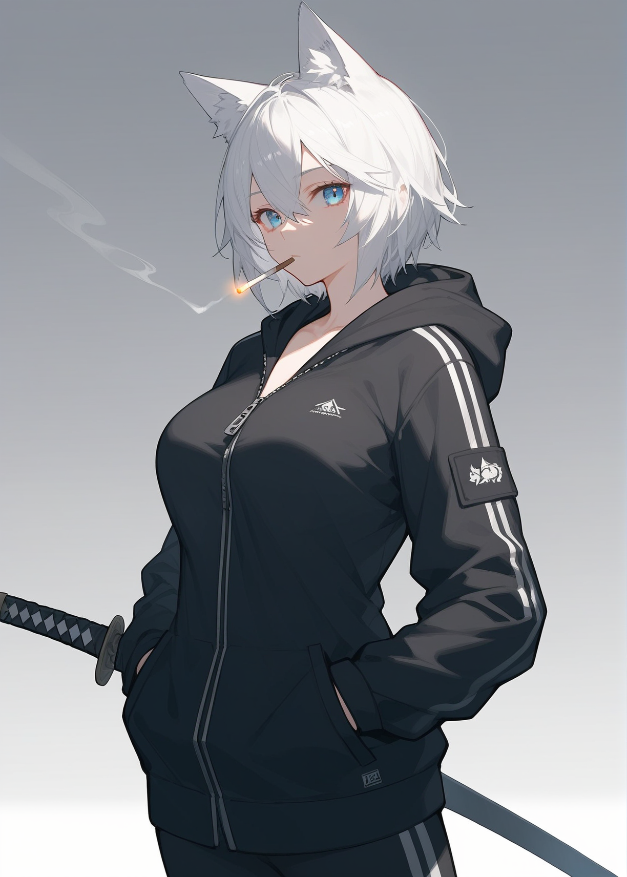 score_9,score_8_up,score_7_up,1girl,animal ears,blue eyes,solo,weapon,sword,hood,looking at viewer,breasts,white hair,short hair,animal ear fluff,weapon on back,jacket,hands in pockets,gradient background,hair between eyes,gradient,hood down,bangs,mouth hold,long sleeves,black jacket,sheathed,cigarette,katana,large breasts,cowboy shot,sheath,black hoodie,cat ears,hooded jacket,hoodie,zipper,