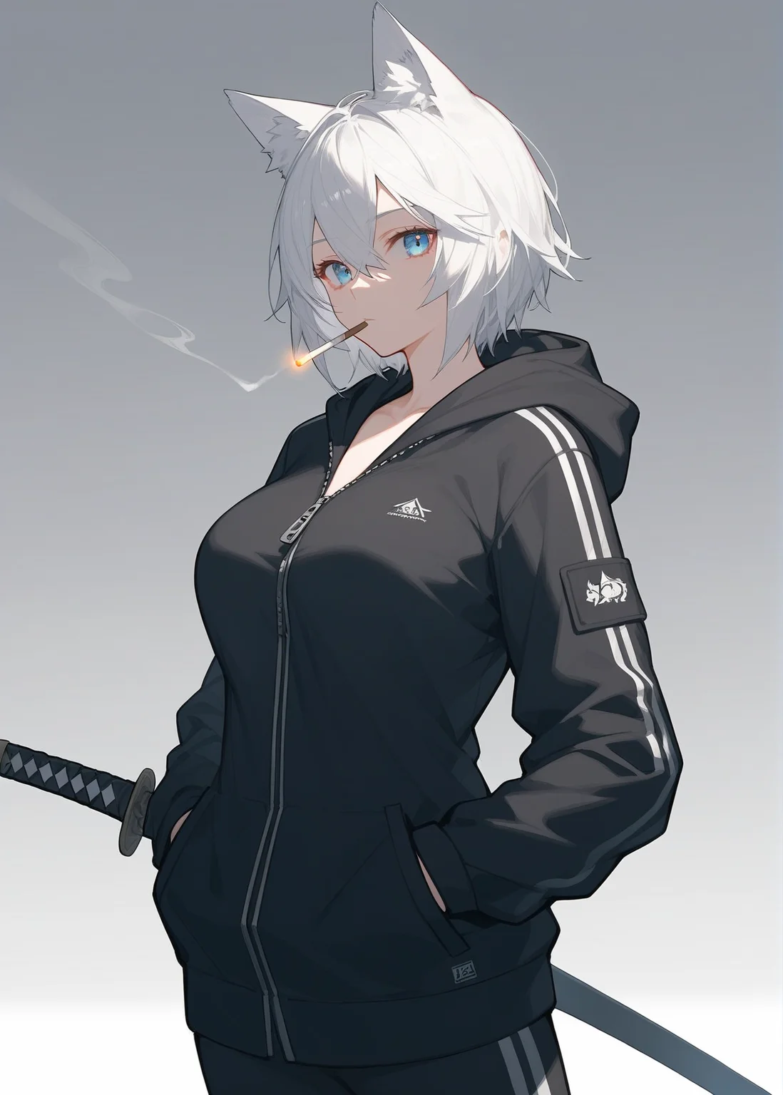 score_9,score_8_up,score_7_up,1girl,animal ears,blue eyes,solo,weapon,sword,hood,looking at viewer,breasts,white hair,short hair,animal ear fluff,weapon on back,jacket,hands in pockets,gradient background,hair between eyes,gradient,hood down,bangs,mouth hold,long sleeves,black jacket,sheathed,cigarette,katana,large breasts,cowboy shot,sheath,black hoodie,cat ears,hooded jacket,hoodie,zipper,