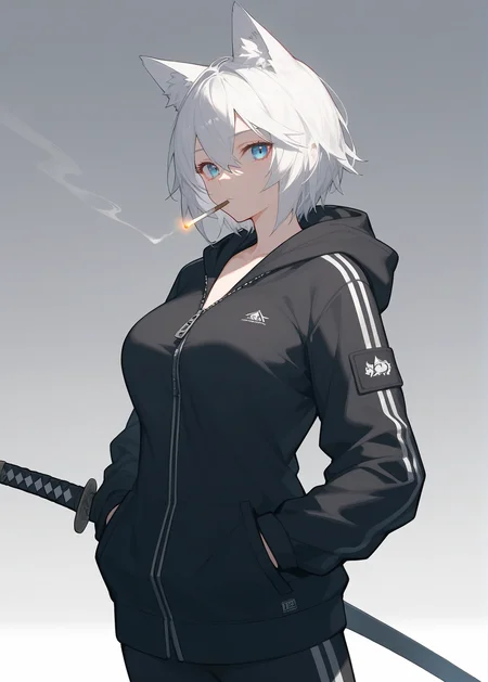 score_9,score_8_up,score_7_up,1girl,animal ears,blue eyes,solo,weapon,sword,hood,looking at viewer,breasts,white hair,short hair,animal ear fluff,weapon on back,jacket,hands in pockets,gradient background,hair between eyes,gradient,hood down,bangs,mouth hold,long sleeves,black jacket,sheathed,cigarette,katana,large breasts,cowboy shot,sheath,black hoodie,cat ears,hooded jacket,hoodie,zipper,