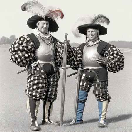 2boys, multiple boys, armor, antique firearm, pike, sword, holding, sheath, feather, hat