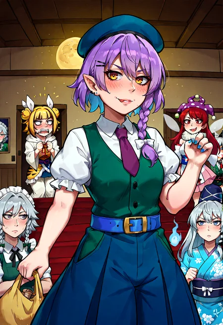 IllustriousQual, <lora:StS-Illustrious-Detail-Slider-v1.0:2> <lora:cfg_scale_boost:0.3> <lora:StS_Age_Slider_Illustrious_v1:3>,detailed_background,indoors,hooded dress,haniwa \(statue\),absurdres,pink skirt,white dress,obijime,braid,red ribbon,holding,blush,kinchaku,hand up,clownpiece,white hair,blue dress,red dress,knife,maid,yellow eyes,hair between eyes,shirt,short hair with long locks,necktie,dress ribbon,beret,yellow bow,cat ears,hitodama print,virtual youtuber,kote,grey hair,upside-down,white ribbon,pink flower,american flag print,short sleeves,toramaru shou,brown hair,sharp teeth,purple hat,white pants,skirt set,dress,american flag,happy new year,holding arrow,flower,dot mouth,blue kimono,tiger print,blue nails,low twin braids,short hair,horns,green dress,ribbon,kimono,flag print,black dress,red hair,wide sleeves,sash,hair bow,moon,kaenbyou rin,red necktie,purple necktie,medium hair,v-shaped eyebrows,multiple girls,puffy sleeves,kijin seija,black bow,side ponytail,jester cap,striped clothes,hair ribbon,alternate costume,collared shirt,nail polish,red bow,vest,tongue out,blonde hair,hoshimachi suisei,blue bow,blue skirt,new year,twin braids,rabbit girl,frog hair ornament,white shawl,door,pointy ears,animal ears,tokin hat,single sidelock,kariginu,star \(symbol\),american flag dress,print pants,animal print,striped pants,striped dress,long hair,standing,sleeveless dress,pouch,green hair,star in eye,smile,hair flower,apron,kochiya sanae,meimaru inuchiyo,armor,frills,danmaku,konpaku youmu,hair ornament,blue hat,6+girls,mononobe no futo,brown eyes,floral print kimono,holding bag,floral print,looking to the side,stage connection,black ribbon,furisode,arrow print,frilled sleeves,red eyes,weapon,pom pom \(clothes\),blue belt,sleeveless,purple hair,green vest,blue eyes,two-tone hair,nontraditional miko,petals,rabbit ears,looking at viewer,puffy short sleeves,white shirt,baggy pants,headpiece,kurokote,open mouth,green skirt,grey eyes,green eyes,hat,tokoyami towa,joutouguu mayumi,iizunamaru megumu,izayoi sakuya,hololive,buttons,symbol in eye,japanese clothes,pinafore dress,black hat,hairclip,hood,japanese armor