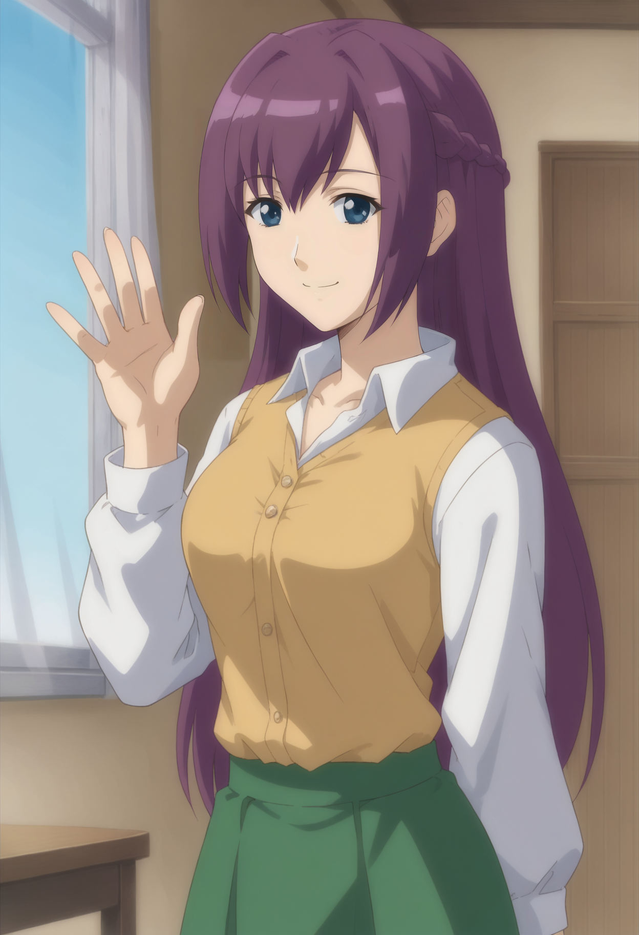 <lora:Asuha_Hare_Nanaka-Girls_Bravo:0.75>,1girl,solo,Asuha Hare Nanaka,purple hair,long hair,braid,blue eyes,anime coloring,shirt,skirt,waving, looking at viewer, smile,indoors