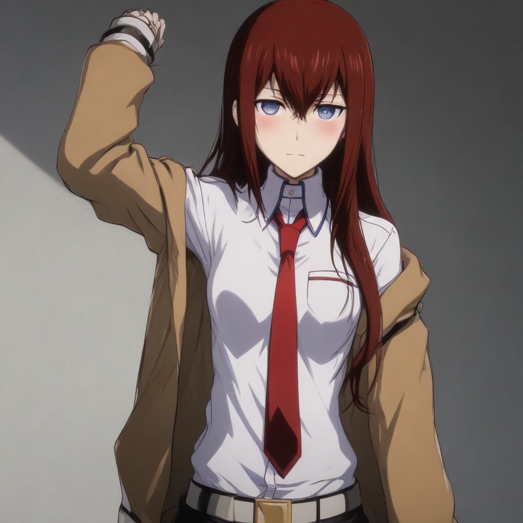 A naughty image of Makise Kurisu standing one arm up showing her navel and sexy body , Anime style , jacket , arm up, navel, blush, red necktie, belt, White shirt, Large boobs, , Shorts, looking at viewer,