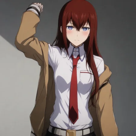 A naughty image of Makise Kurisu standing one arm up showing her navel and sexy body , Anime style , jacket , arm up, navel, blush, red necktie, belt, White shirt, Large boobs, , Shorts, looking at viewer,