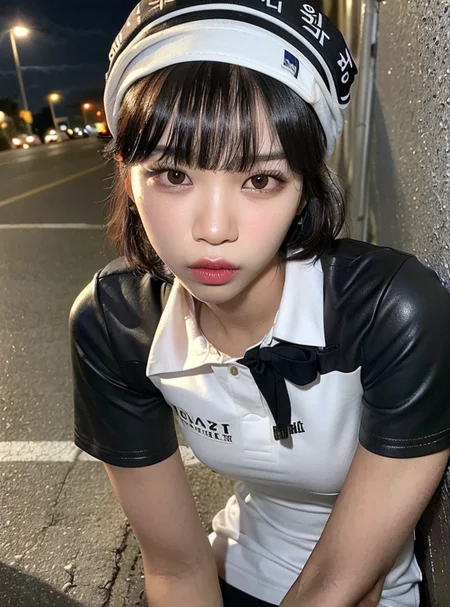 RAW,masterpiece, (1girl,solo:1.3), (from front:1.2), (upper body:1.3), (18 years old beautiful cute korean girl:1.2), (extremely intricate), (exquisitely detailed), (supreme quality hyper realistic texture human skin), (intricate detailed:1.3), (photorealistic:1.3), detailed skin, detailed face, detailed background, cinematic lighting, soft light, (low key:1.3), (night, street, outdoor:1.4), (perfect anatomy:1.2), (focus on face:1.2), (korean mixed, korean beauty, kpop idol), (slim, narrow waist, short hair, black hair), (white collared shirt, hair cap:1.4),(sitting on floor,looking at viewer),chaewon,<lora:ChaewonV1-000009:0.75>