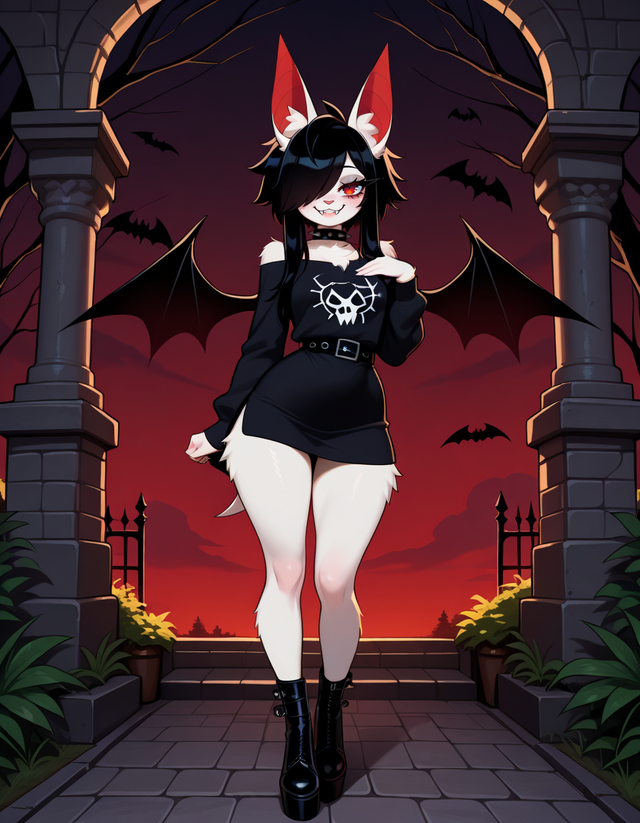 masterpiece, best quality, very aesthetic, absurdres,
outdoors, goth fashion, 
full body, posing,
seductive smile, parted lips, long eyelashes,
 <lora:Asphodel_v01_NAIXL:1>
A5ph0d3l,1girl,solo,furry,furry female,bat girl,black hair,bat ears,animal ear fluff,long hair,hair over one eye,red eyes,fangs,spiked collar,body fur,white fur,bat wings,tail,