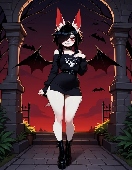 masterpiece, best quality, very aesthetic, absurdres,
outdoors, goth fashion,
full body, posing,
seductive smile, parted lips, long eyelashes,
<lora:Asphodel_v01_NAIXL:1>
A5ph0d3l,1girl,solo,furry,furry female,bat girl,black hair,bat ears,animal ear fluff,long hair,hair over one eye,red eyes,fangs,spiked collar,body fur,white fur,bat wings,tail,
