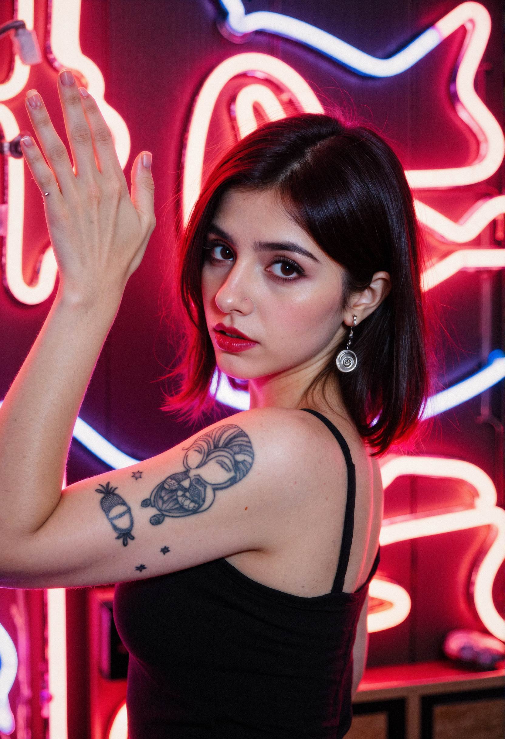 A woman with dark hair and red highlights is positioned in the center of the frame, looking over her left shoulder towards the viewer. She has fair skin, dark eyeliner, red lipstick, and a silver nose piercing on her left nostril. Her right ear has a spiral-shaped earring. She is wearing a black top with thin straps. Her left arm is raised and bent at the elbow, with her hand near the top right corner of the image, appearing to touch or be close to the neon lights. Her right arm is bent and closer to her body. Visible on her left arm are several tattoos, including a crescent moon and stars, and another tattoo featuring a stylized face or mask with geometric patterns. The background is filled with bright neon lights in shades of pink, red, and blue, creating a blurred and abstract effect. The neon lights appear to be tubes or strips forming various shapes.