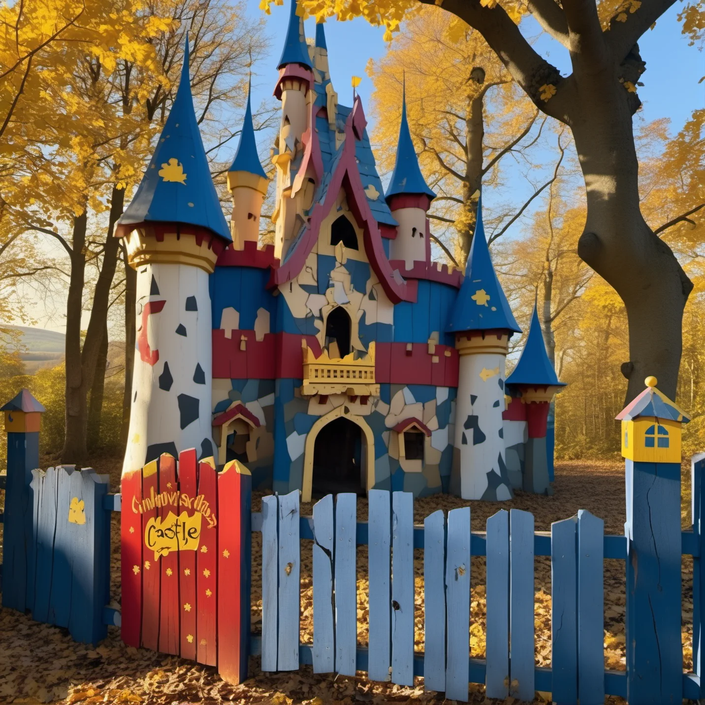 cinematic photo vista, archviz photo of (wooden fantasy castle:1.3) in oak forest, with colourful painted irregular fence, roof unpainted wood, woodplank colourful abstract signs paintwork texture, weathered cracking peeling paint, showing wood, winter, golden hour
<lora:Woodplank-SDXL:0.7> . 35mm photograph, film, bokeh, professional, 4k, highly detailed