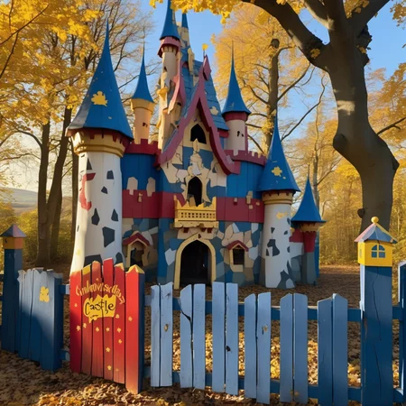 cinematic photo vista, archviz photo of (wooden fantasy castle:1.3) in oak forest, with colourful painted irregular fence, roof unpainted wood, woodplank colourful abstract signs paintwork texture, weathered cracking peeling paint, showing wood, winter, golden hour
<lora:Woodplank-SDXL:0.7> . 35mm photograph, film, bokeh, professional, 4k, highly detailed