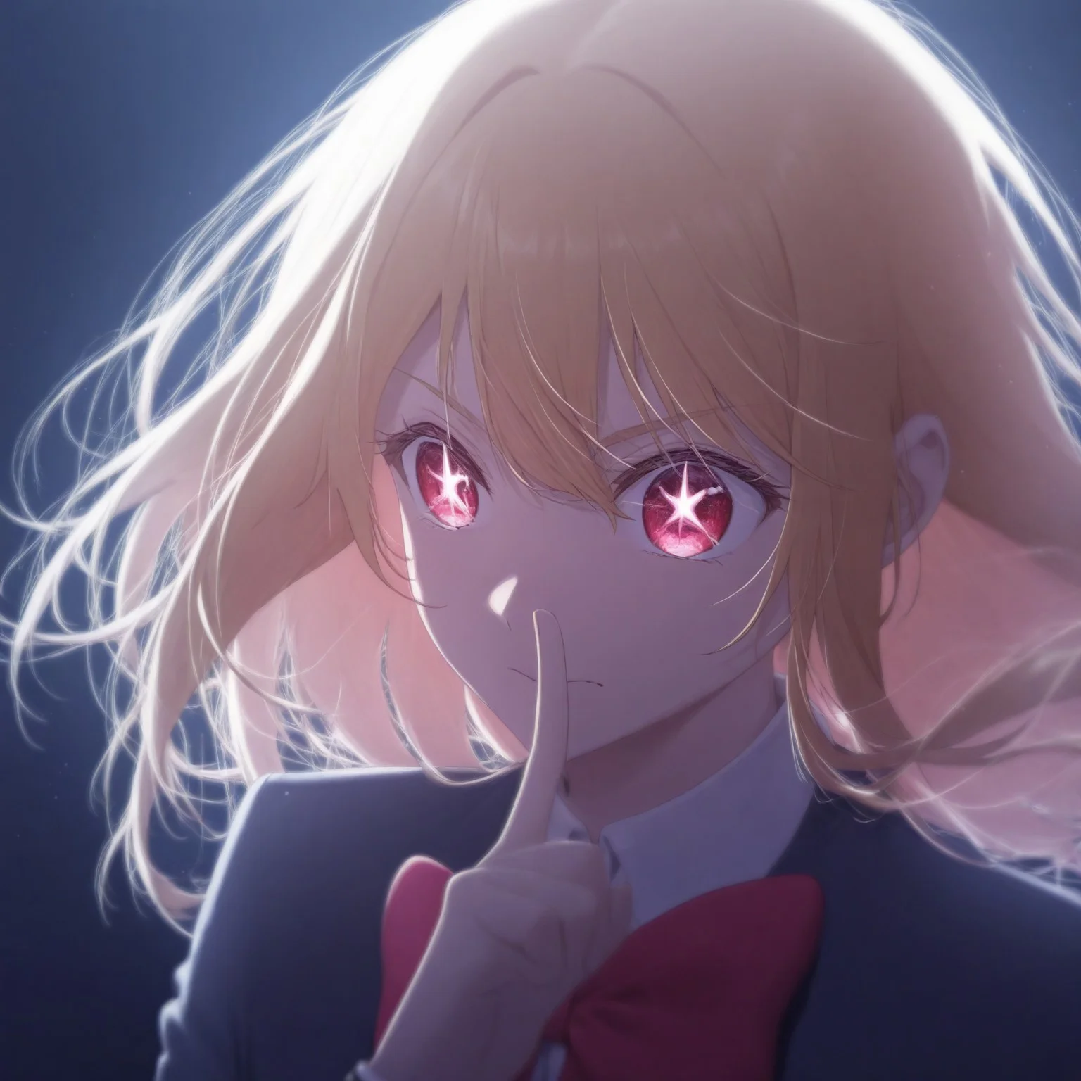 detailed, sinfully stylish, dramatic lighting, long shadows, soft light, anime, 1girl, Ruby, blonde hair, red eyes, star eyes, school uniform, mouth