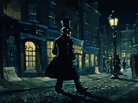 Jack the Ripper, wearing a coat and a top hat, streets of Victorian London at night, Rune Andreasson style <lora:Rune_Andreasson_Style_V2:1>