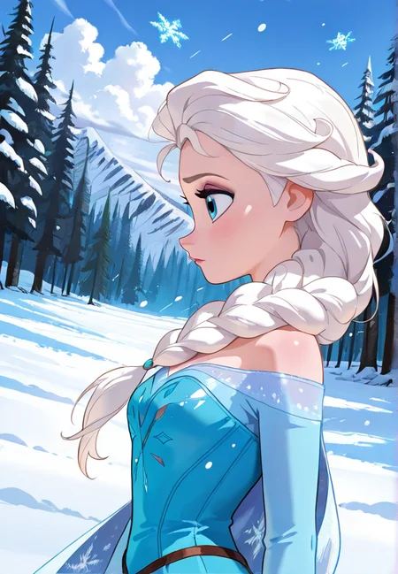 masterpiece, best quality, amazing quality, very aesthetic, absurdres, newest, detailed background, upper body, forest, snow, sky, clouds, wind, dynamic angle, snowflakes
elsadisney, 1girl, dress, long hair, white hair, single braid, bare shoulders, hair over shoulder, profile, off-shoulder dress, blue dress, cape, from side
<lora:Elsa_-_Disney_Illustrious-000006:1>