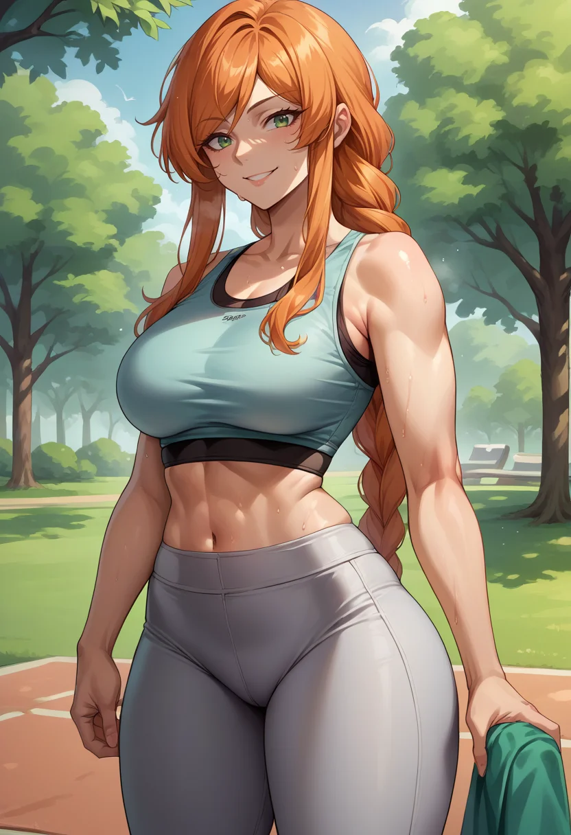 score_9, score_8_up, source_anime, 1girl, solo, FlammeFrieren, orange hair, green eyes, long hair, braided ponytail, sports bra, yoga pants, tight pants, thighs, sweat, outdoors, park scene, smile, <lora:ChamFlammePonyXL:1>