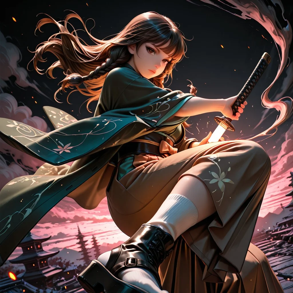 SmoothNoob_Quality, dynamic composition, 1girl, hand on katana, unsheathing, kimono, dark green kimono, Haori, reddish brown haori, Obi, sash, brown Hakama, long white socks, sandals, solo, brown hair, curly shoulder-length brown hair, front twin braids, looking at viewer, bangs, greyish-brown eyes, long hair, closed mouth, embers, black background, boots, dynamic pose, dutch angle,foreshortening, twilight, glowing, ink background, abstract background, bright colors, dark, pink theme, gray smoke, neon trim,