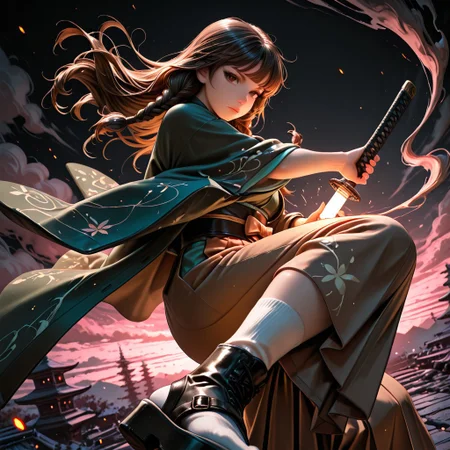 SmoothNoob_Quality, dynamic composition, 1girl, hand on katana, unsheathing, kimono, dark green kimono, Haori, reddish brown haori, Obi, sash, brown Hakama, long white socks, sandals, solo, brown hair, curly shoulder-length brown hair, front twin braids, looking at viewer, bangs, greyish-brown eyes, long hair, closed mouth, embers, black background, boots, dynamic pose, dutch angle,foreshortening, twilight, glowing, ink background, abstract background, bright colors, dark, pink theme, gray smoke, neon trim,