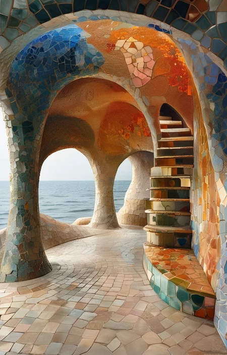 masterpiece,best quality,<lora:tbh305-sdxl:0.9>,illustration,designed by Antoni Gaudi Minimalist Japanese-inspired tea house by the sea, evoking the style of Tadao Ando
