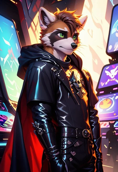 score_9, score_8_up, score_7_up,score_9, score_8_up, score_7_up, ((cowboy shot)), arcade, standing, BREAK, ((High fantasy art style)), solo, male, anthro raccoon, black hooded cloak, (black leather breastplate), black leather greaves, black leather pauldrons, black leather boots, brown hair, ((detailed green eyes)), ((Masterpiece), (absurdres), (shadowy), (mysterious), looking away, ((nervous))