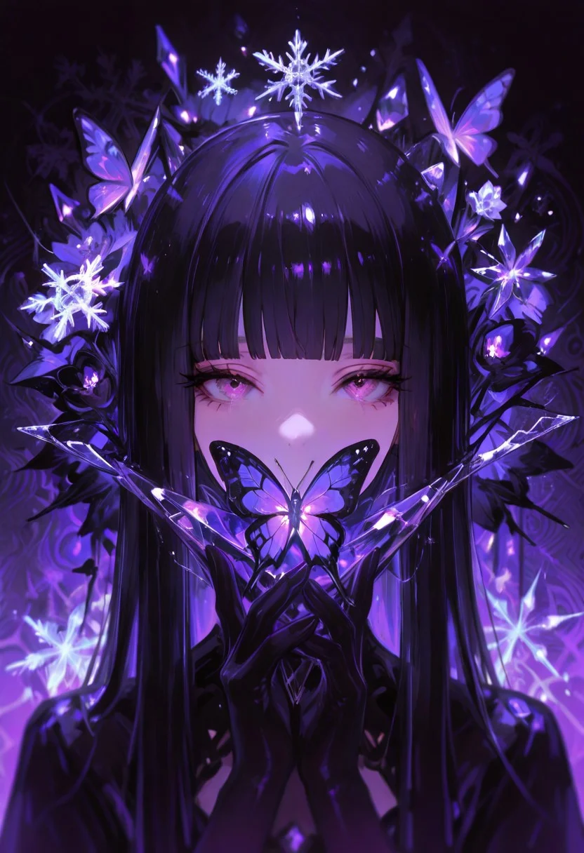 (Theme: Draconic Crystals). masterpiece, newest,absurdres,incredibly absurdres,1girl, solo, bug, butterfly, bangs, black hair, looking at viewer, long hair, blunt bangs, covered mouth, purple eyes, purple theme, eyelashes, flower, pink eyes, snowflakes, 
dark_theme,abstract background, 
depth of field,white sphere on the background