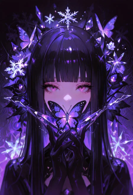 (Theme: Draconic Crystals). masterpiece, newest,absurdres,incredibly absurdres,1girl, solo, bug, butterfly, bangs, black hair, looking at viewer, long hair, blunt bangs, covered mouth, purple eyes, purple theme, eyelashes, flower, pink eyes, snowflakes, 
dark_theme,abstract background, 
depth of field,white sphere on the background