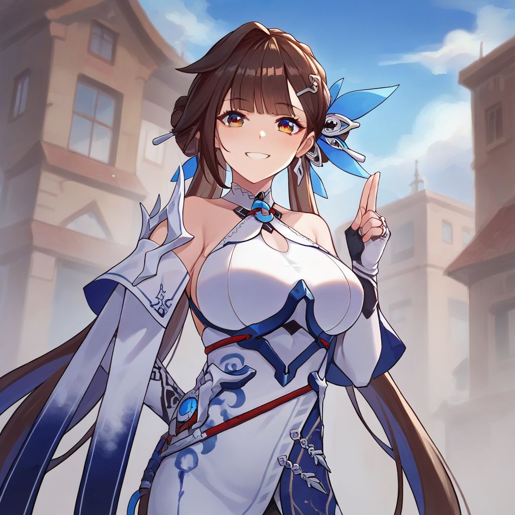 score_9, score_8_up, score_7_up,Captivating Eye Reflections,beautiful detailed eyes,lower eyelid,beautiful detailed face,BREAK ,source_anime,Li Sushang,huge breasts, China Cheongsam, china dress,long hair,twintails, multicolored hair, two-tone hair, brown hair, blue hair, wing hair accessories,off shoulders,window,blue sky,smile,solo,street,outdoor