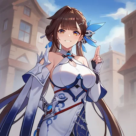 score_9, score_8_up, score_7_up,Captivating Eye Reflections,beautiful detailed eyes,lower eyelid,beautiful detailed face,BREAK ,source_anime,Li Sushang,huge breasts, China Cheongsam, china dress,long hair,twintails, multicolored hair, two-tone hair, brown hair, blue hair, wing hair accessories,off shoulders,window,blue sky,smile,solo,street,outdoor