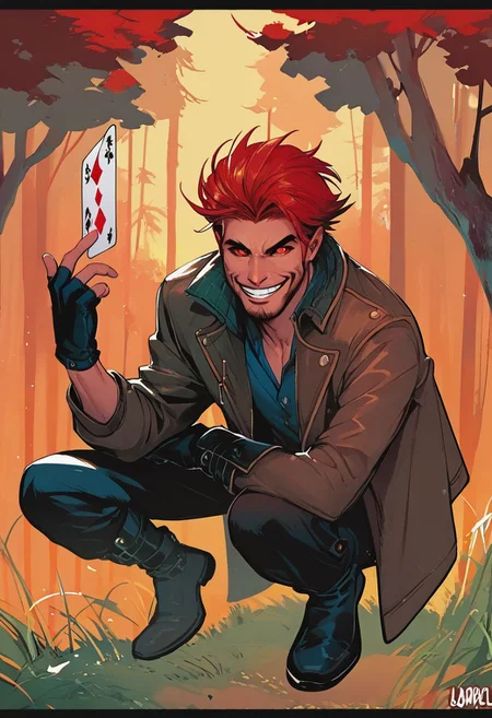 Larocca Art Style, 1boy, black gloves, boots, brown coat, colored sclera, black sclera, red eyes, red hair, card, coat, facial hair, fingerless gloves, gloves, jacket, looking at viewer, male focus, pants, parody, playing card, smile, solo, teeth, tree, PonyXLV6_Scores , PnyCmicXLPOS,