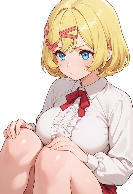 Smooth Quality,masterpiece,very intricate, high quality details, ultra realistic, high detailed skin,detailed enviorement,absurdres,
beckoning,solo,
<lora:Esyne_CNR:0.8> esyne_cnr, blue eyes, blonde hair, short hair,large breasts, hair ornament, hairclip,, simple background, white background, dutch angle,
sitting, legs spread, hands on knees, serious face, upright posture, ,, :/,